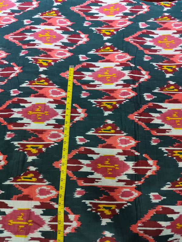 Dark Teal Green & Coral Ikat Print Cotton Fabric