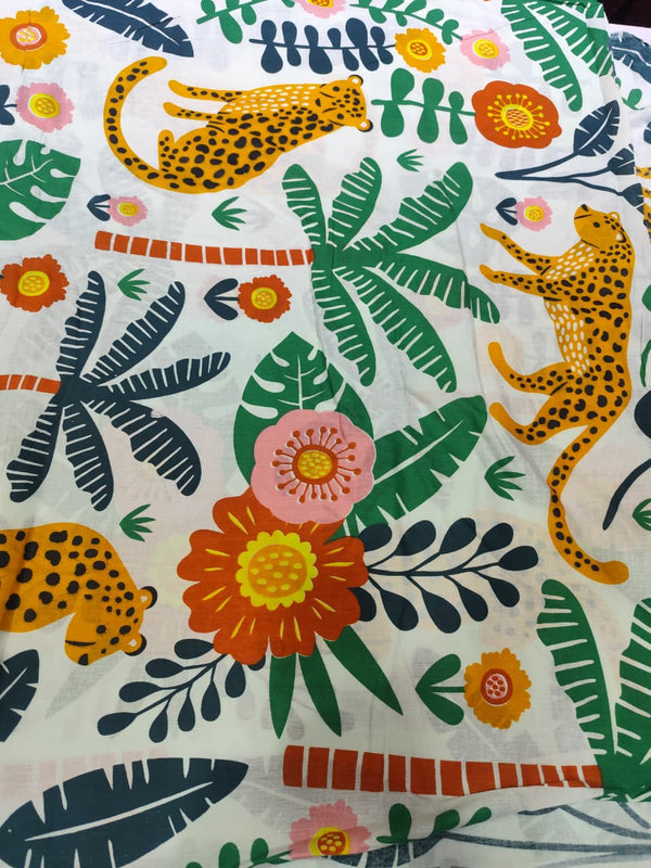 Off-White Tropical Leopard & Botanical Print Cotton Fabric