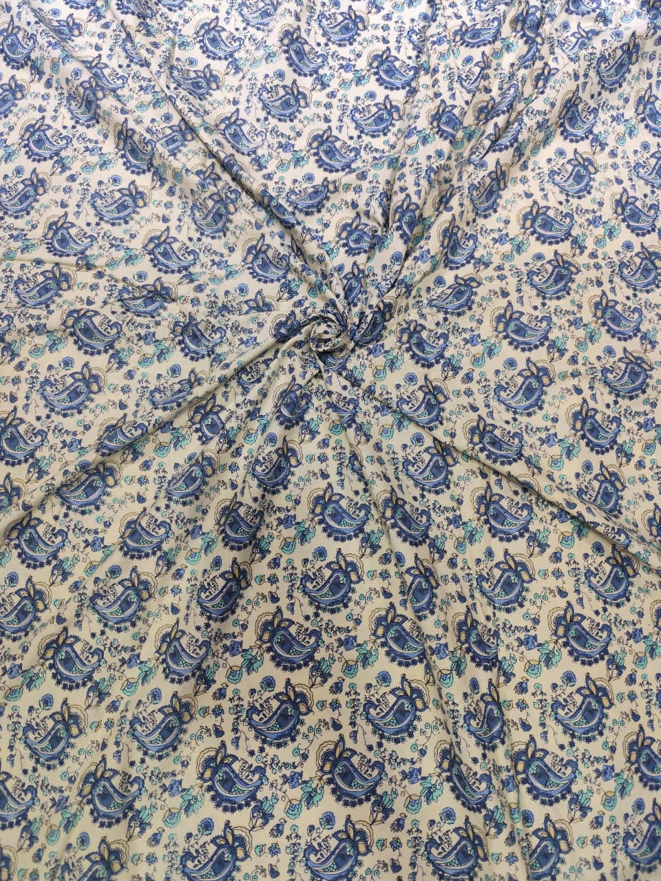 Off-White & Indigo Blue Paisley Jaal Hand-Block Printed Cotton Fabric