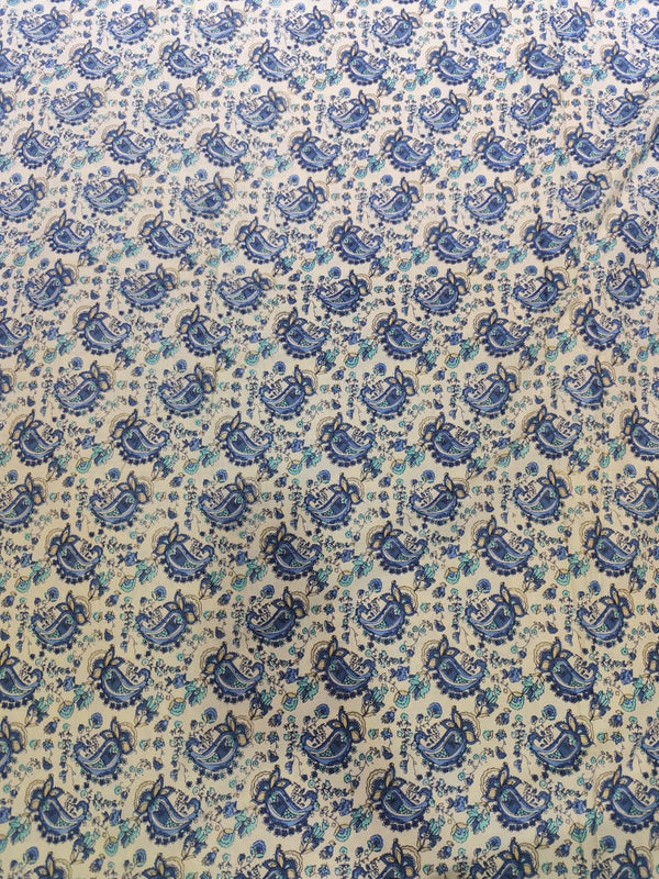 Off-White & Indigo Blue Paisley Jaal Hand-Block Printed Cotton Fabric