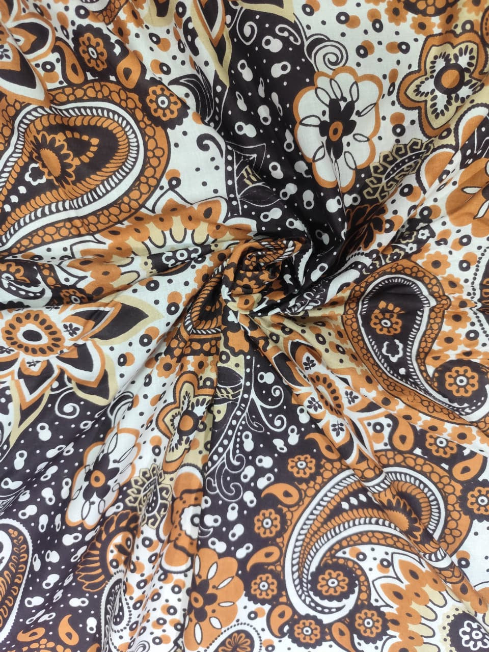 Deep Chocolate Brown & Ochre Ornate Paisley Print Cotton Fabric