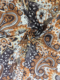Deep Chocolate Brown & Ochre Ornate Paisley Print Cotton Fabric