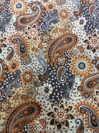 Deep Chocolate Brown & Ochre Ornate Paisley Print Cotton Fabric