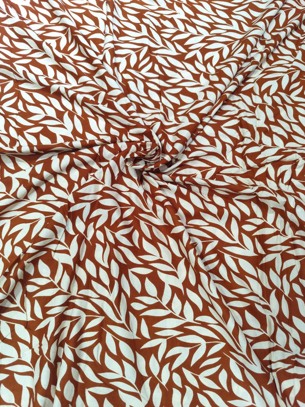 Rust Terracotta Leafy Trail Print Rayon Viscose Fabric