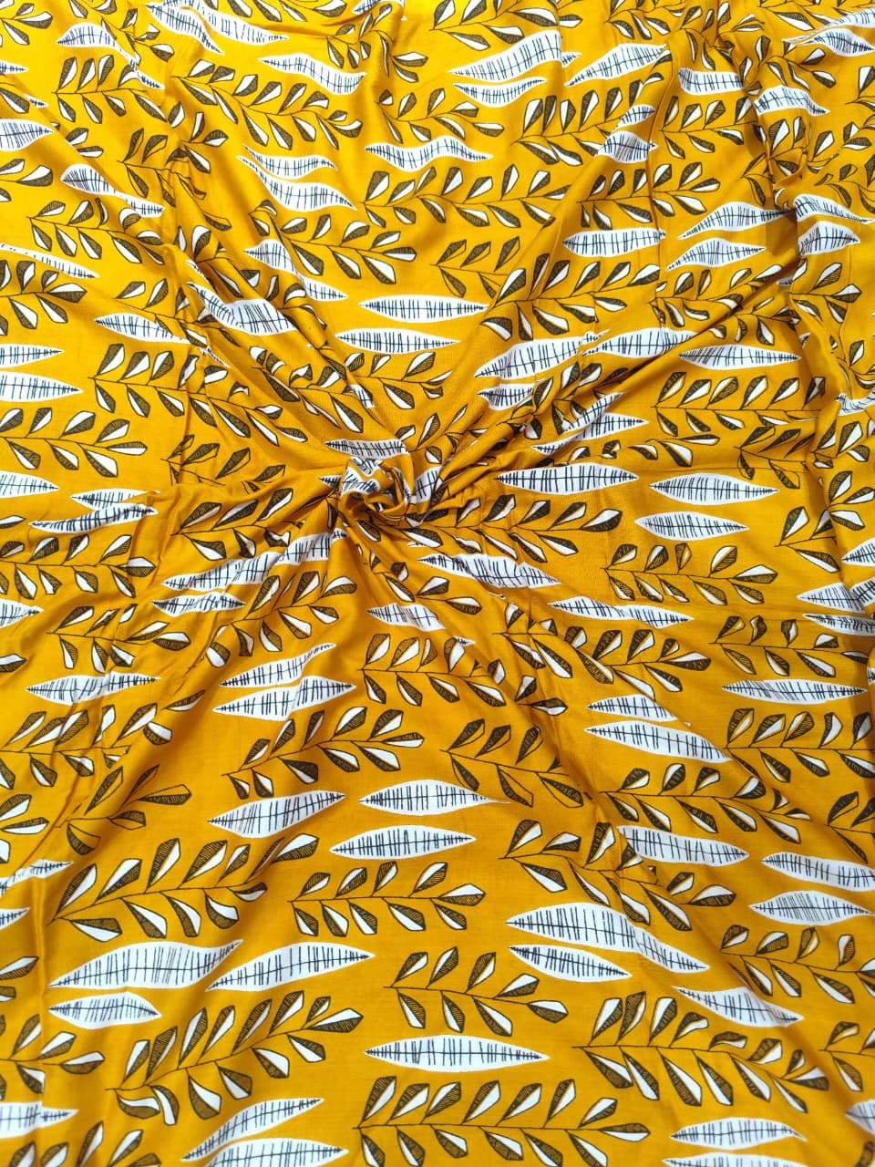 Vibrant Mustard Yellow Leaf & Pod Print Rayon Viscose Fabric