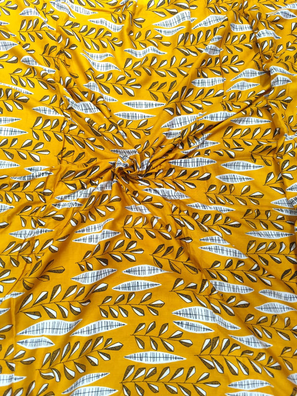 Vibrant Mustard Yellow Leaf & Pod Print Rayon Viscose Fabric