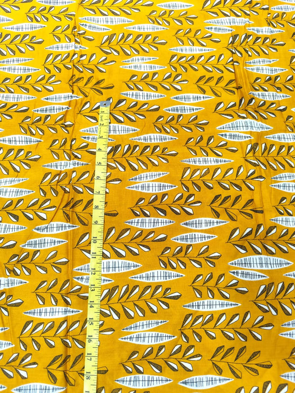 Vibrant Mustard Yellow Leaf & Pod Print Rayon Viscose Fabric
