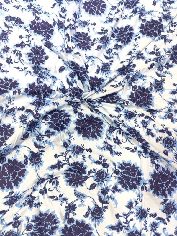 Ice Blue & Indigo Floral Jaal Print Rayon Viscose Fabric