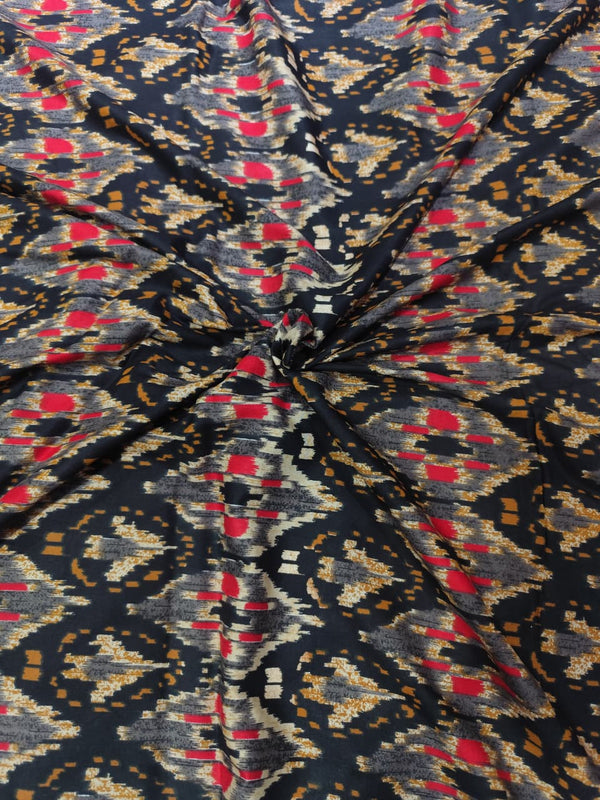 Charcoal Black Geometric Ikat Print Rayon Viscose Fabric