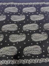 Midnight Black & Ivory Traditional Paisley Printed Cotton Fabric
