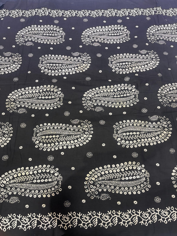 Midnight Black & Ivory Traditional Paisley Printed Cotton Fabric