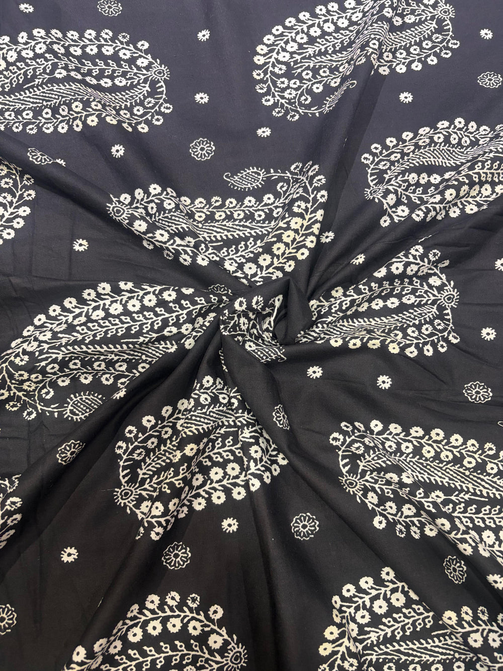 Midnight Black & Ivory Traditional Paisley Printed Cotton Fabric