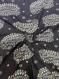 Midnight Black & Ivory Traditional Paisley Printed Cotton Fabric