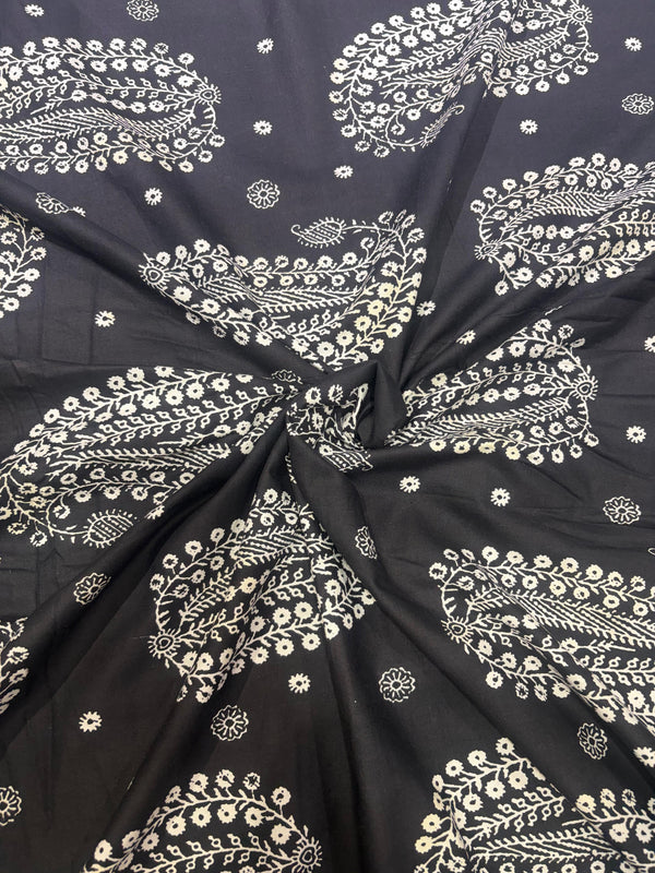 Midnight Black & Ivory Traditional Paisley Printed Cotton Fabric