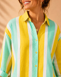 Canary Yellow, Mint & White Striped Casual Cotton Shirt