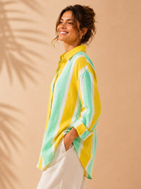 Canary Yellow, Mint & White Striped Casual Cotton Shirt