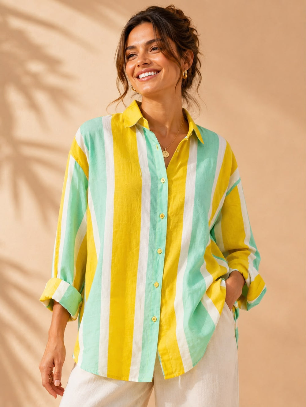 Canary Yellow, Mint & White Striped Casual Cotton Shirt