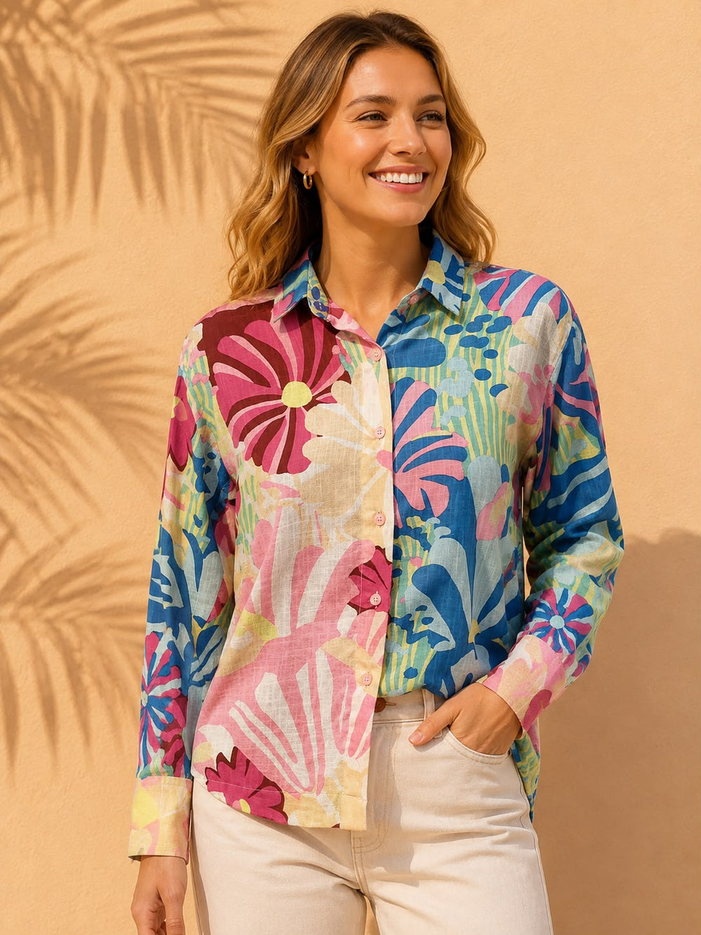 Multicolor Retro Abstract Botanical Casual Cotton Shirt