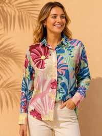 Multicolor Retro Abstract Botanical Casual Cotton Shirt