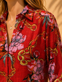 Crimson Red Floral & Chain Printed Slub Cotton Shirt