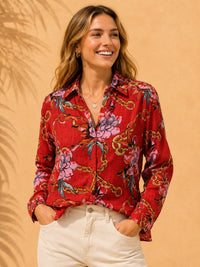 Crimson Red Floral & Chain Printed Slub Cotton Shirt