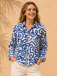 Cobalt Blue Abstract Graphic Printed Cotton Schiffli Shirt