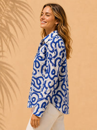 Cobalt Blue Abstract Graphic Printed Cotton Schiffli Shirt