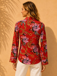 Crimson Red Floral & Chain Printed Slub Cotton Shirt