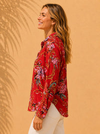 Crimson Red Floral & Chain Printed Slub Cotton Shirt