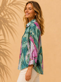 Teal & Magenta Fluid Marble Printed Casual Cotton Shirt