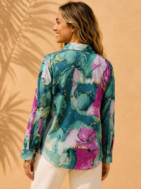 Teal & Magenta Fluid Marble Printed Casual Cotton Shirt