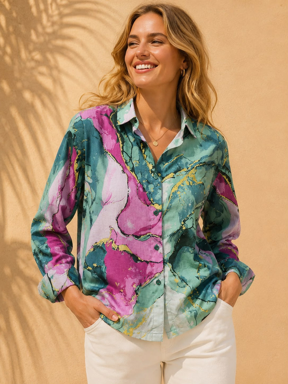 Teal & Magenta Fluid Marble Printed Casual Cotton Shirt