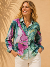 Teal & Magenta Fluid Marble Printed Casual Cotton Shirt