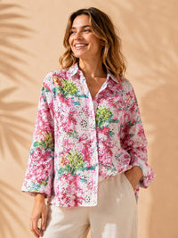Pink Tropical Floral Schiffli Embroidered Cotton Shirt