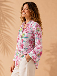 Pink Tropical Floral Schiffli Embroidered Cotton Shirt