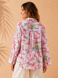 Pink Tropical Floral Schiffli Embroidered Cotton Shirt