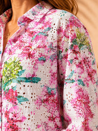 Pink Tropical Floral Schiffli Embroidered Cotton Shirt