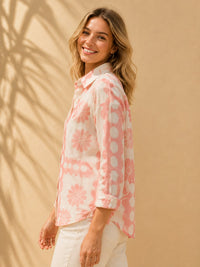 Blush Pink Retro Floral & Polka Stripe Casual Cotton Shirt