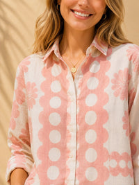 Blush Pink Retro Floral & Polka Stripe Casual Cotton Shirt