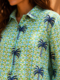 Green Geometric & Navy Palm Printed Casual Cotton Shirt