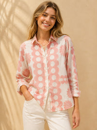 Blush Pink Retro Floral & Polka Stripe Casual Cotton Shirt