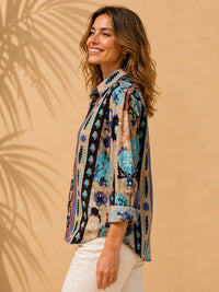 Beige Bohemian Vertical Print & Tropical Motif Casual Cotton Shirt