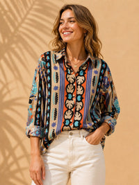 Beige Bohemian Vertical Print & Tropical Motif Casual Cotton Shirt