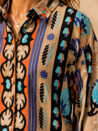 Beige Bohemian Vertical Print & Tropical Motif Casual Cotton Shirt