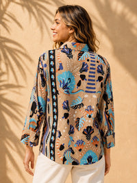 Beige Bohemian Vertical Print & Tropical Motif Casual Cotton Shirt
