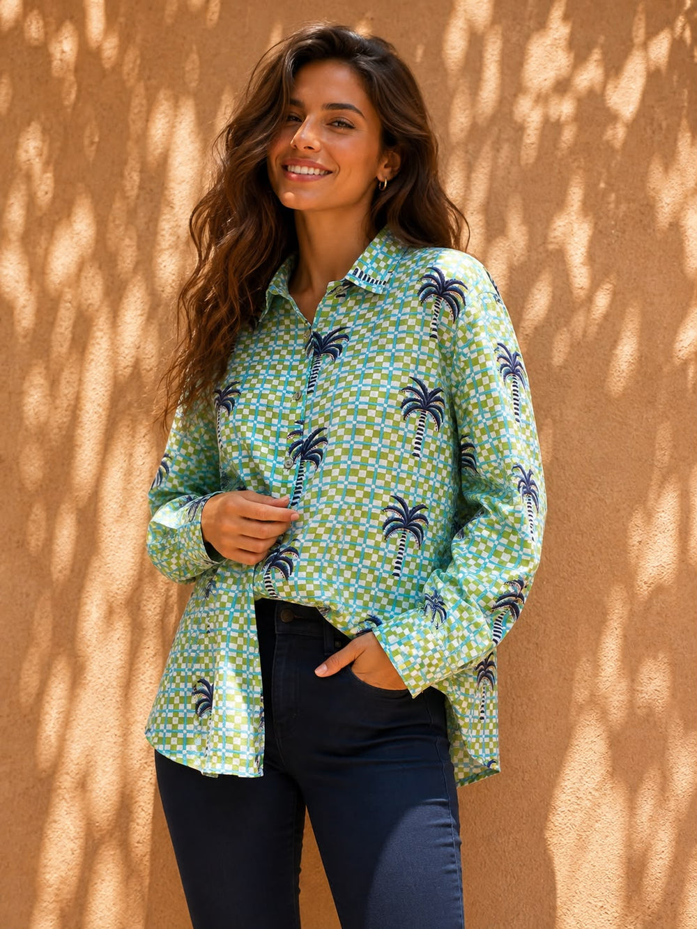 Green Geometric & Navy Palm Printed Casual Cotton Shirt