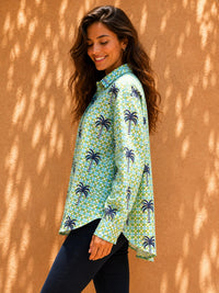 Green Geometric & Navy Palm Printed Casual Cotton Shirt