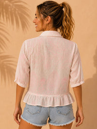 White & Pink Line-Art Botanical Peplum Cotton Top