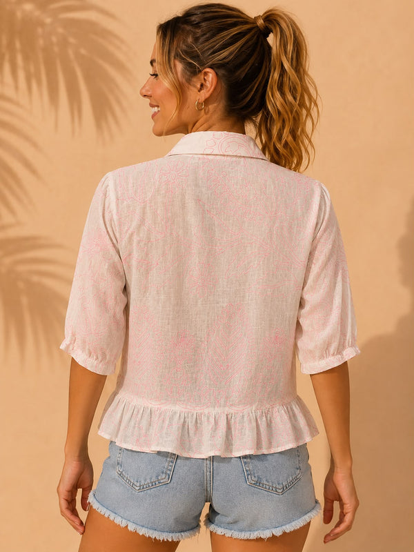 White & Pink Line-Art Botanical Peplum Cotton Top