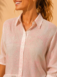 White & Pink Line-Art Botanical Peplum Cotton Top